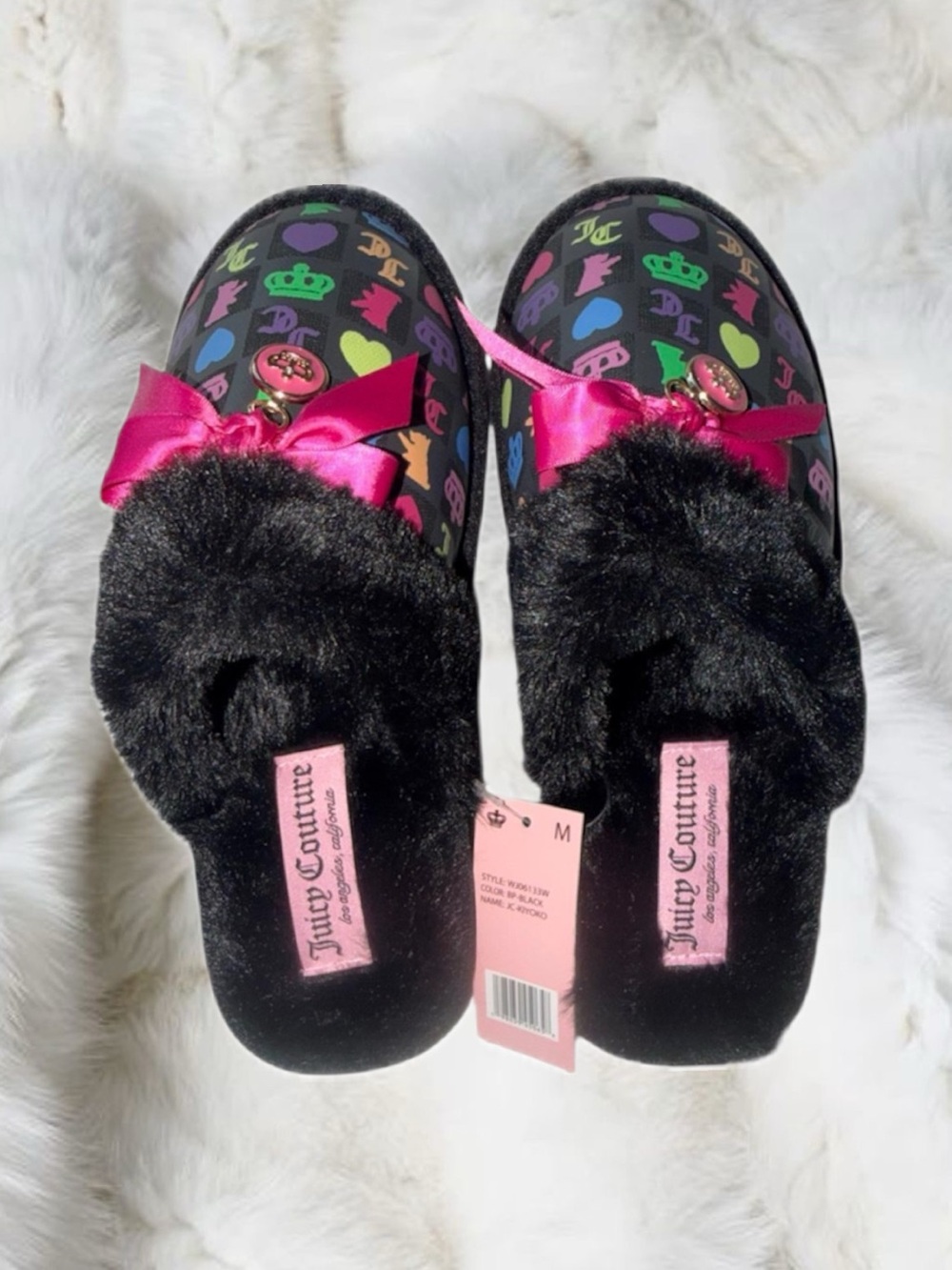 Juicy Couture Faux Fur Slippers Black Multi Logo NWT  

Size: Medium (US 7–8)